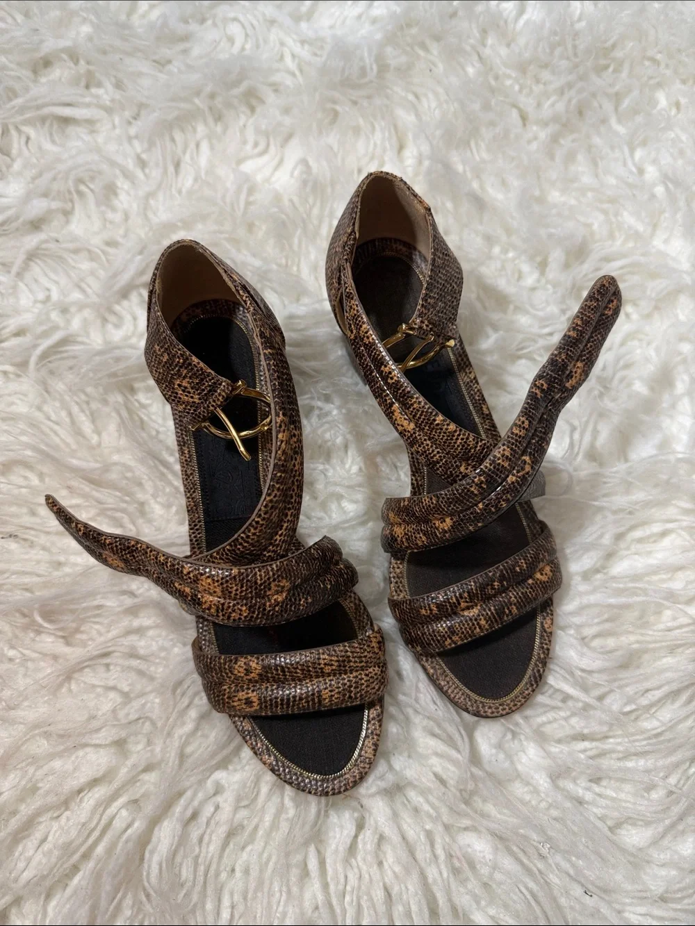 RARE Salvatore Ferragamo Brown Snakeskin Crisscross Strap Heels size 6 to 6.5